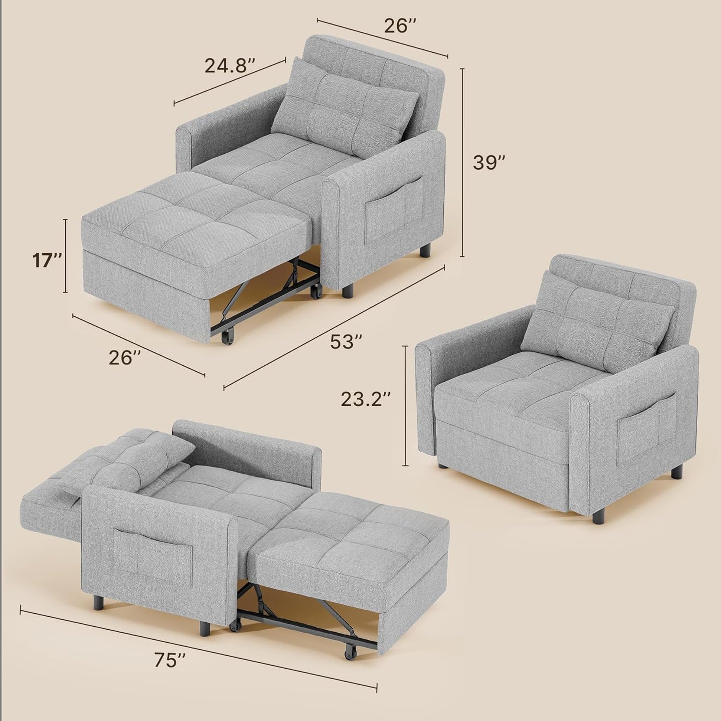 Sofa Bed Chair 3 in 1 Convertible, Pullout Single Sleeper Chair Bed with Adjustable Backrest, Spacious Multifunctional Sofa Couches for Living Room, Bedroom, Apartment