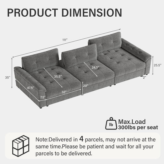 Oversized Sectional Couches for Living Room, Modular Sectional Sofa with Storage & Adjustable Back, Chenille Tufted Cloud Couch Deep Seat Loveseat Sofa, 3 Seater, Light Gray