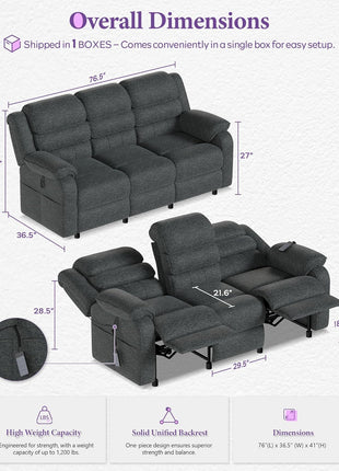Power Reclining Sofa, 3-Seater Electric Couch with Dual Motors and Remote Control, Chenille Fabric with Side Pockets, 76.5" Wide (Grey) for Living Room and Game Room