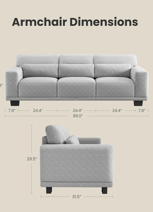 Amada 89-Inch Modern 3-Seater Sofa for Living Room with Deep Seats, Wide Armrests, Removable Washable Linen Covers, and Easy Assembly