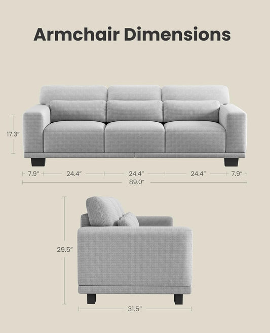 Amada 89" Sofa, 3 Seater Couch Sofa for Living Room, Modern Sofa with Wide Armrests & Deep Seats, Comfy Couch with Removable Washable Covers & Linen Fabric, Easy Assembly (Grey, 3 Seater)