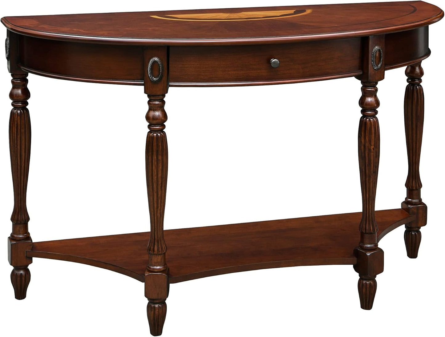 Solid Wood Console Table with Drawer, Semi-Circle Entryway Storage Shelf, Half-Moon Carvings Side Elegant Vintage Sofa for Living Room,Blank Wall Walnut SFZ1533WD-DR Brown 47.7*18*30.2