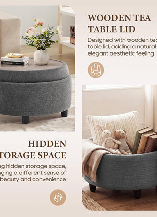 Round Fabric Storage Ottoman with Reversible Tray Lid – Versatile Footrest and Hidden Storage Solution, Durable and Elegant Small Coffee Table for Living Room, Bedroom, or Entryway (Dark Grey)