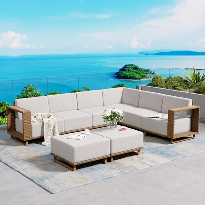 L Shaped Patio Furniture,Outdoor Rattan Wicker Sectional Sofa with 10''Ultra-Thick Cushions,All Weather Patio Conversation Set for Lawn Garden Backyard,Beige