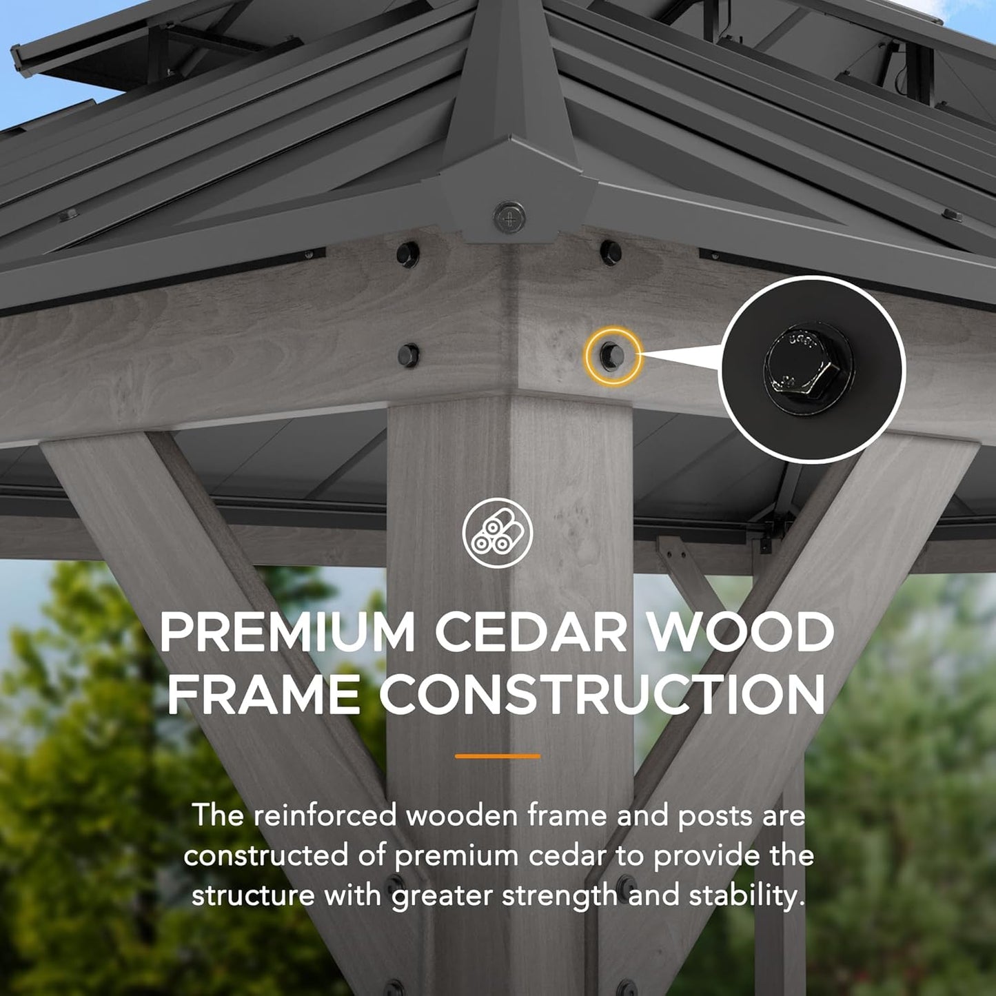 12 X 16 Ft. Wood Gazebo, Outdoor Patio Cedar Framed Steel Hardtop Gazebo with 2-Tier Metal Roof, Suitable for Patios, Lawn and Backyard, Matte Black Roof + Gray Wood Frame