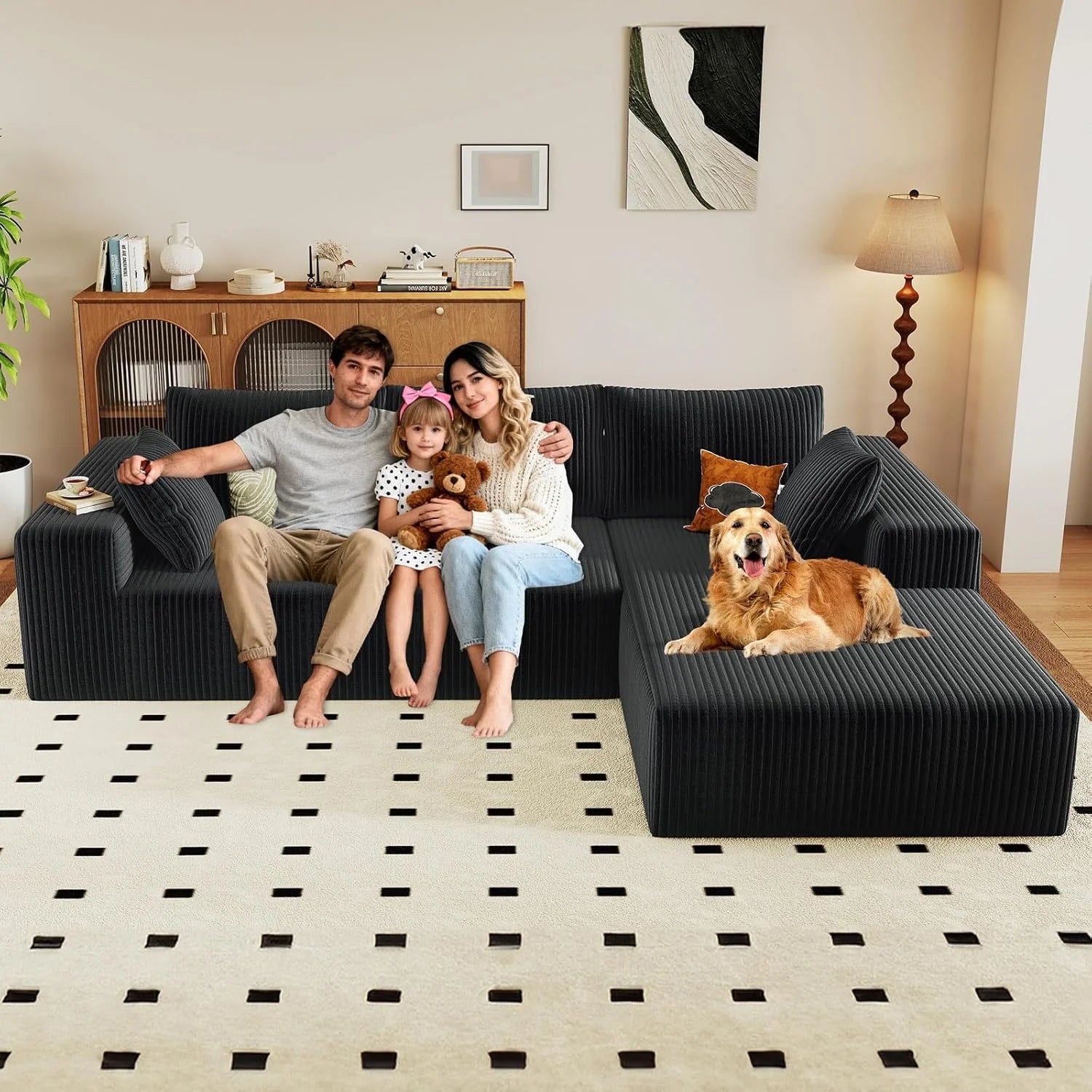 96" Modular Sectional Couch, Boneless L Shaped Cloud Sofa with Chaise Lounge, Corduroy Upholstered Couches Memory Foam Deep Seat, No Assembly Required, Ideal for Living Room(Black, Right Facing)