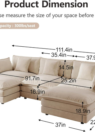 Elegant 111.5" U-Shaped Modular Sectional Sofa with Ottoman for Versatile Living Spaces