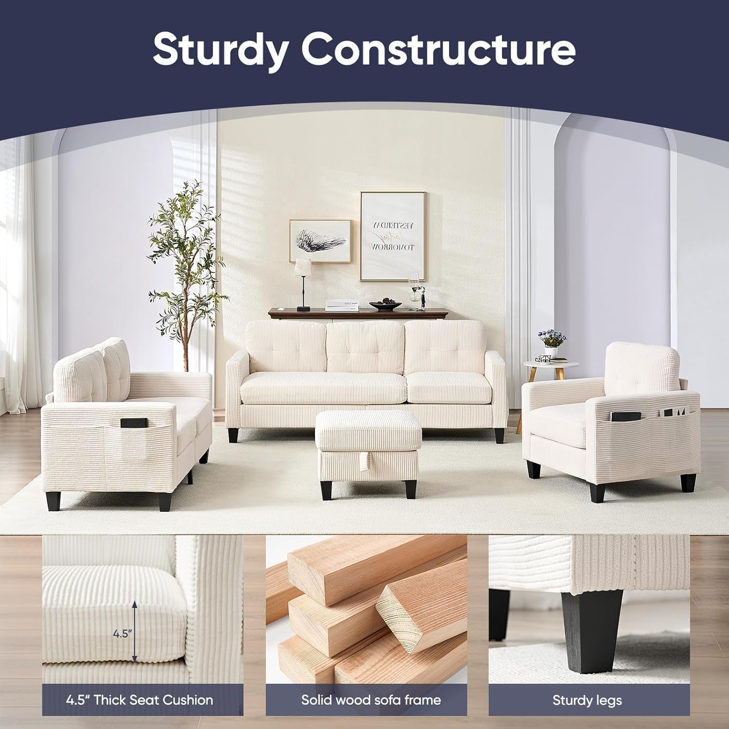 6 Seater Sectional Sofa Set W/Ottoman,3Pcs Modern Couch Set with Movable Storage Ottoman & Side Pockets,3 Seat L Shaped Couch Loveseat and Armchair for Living Room Furniture(3+2+1 Seat/Beige)