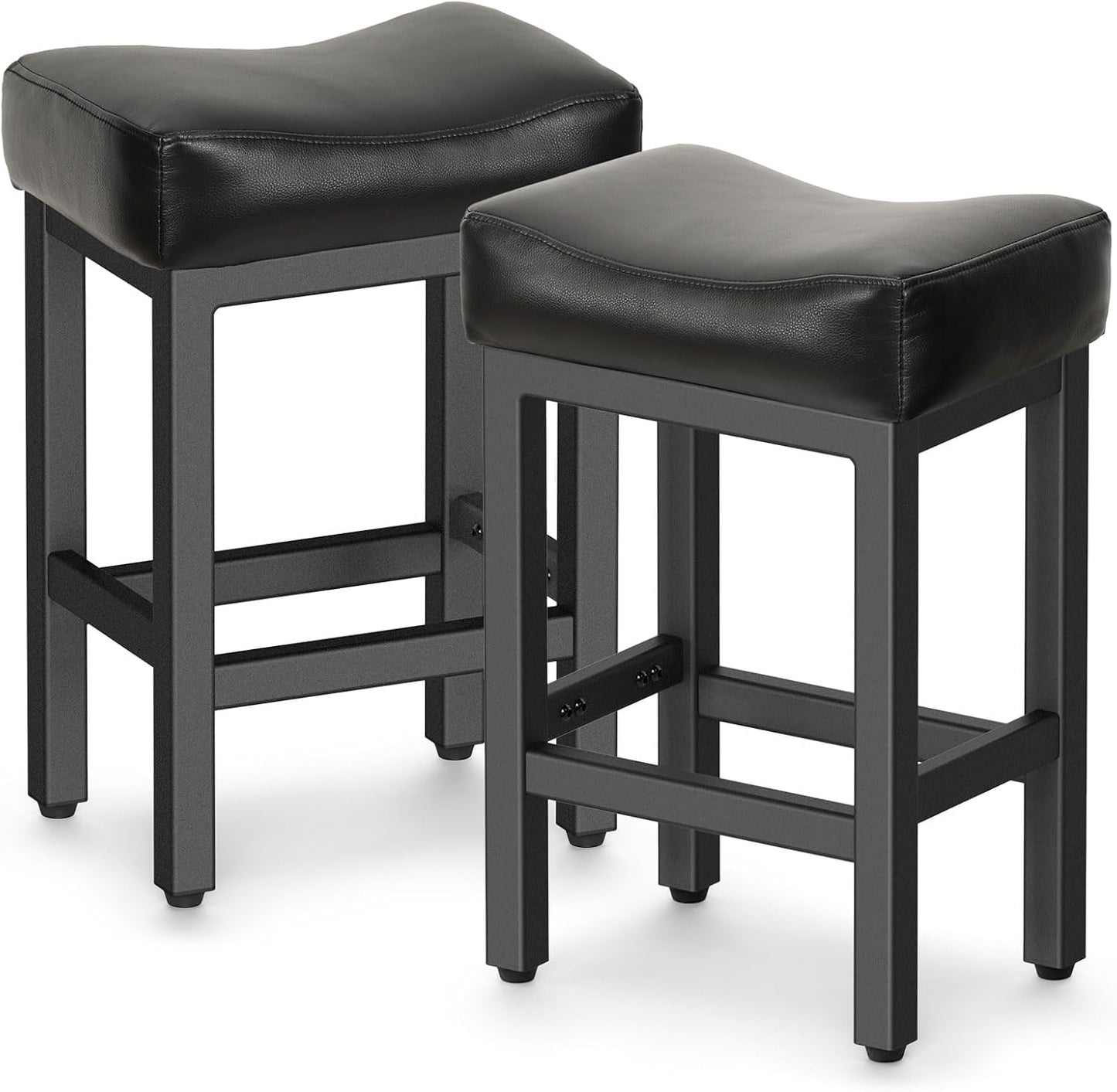 Counter Height Bar Stools Set of 2, 24 Inch Barstools for Kitchen Island Counter, Bonded Leather Kitchen Stools with Thick Saddle Seats & Heavy Duty Metal Base, Easy Assembly, All Black