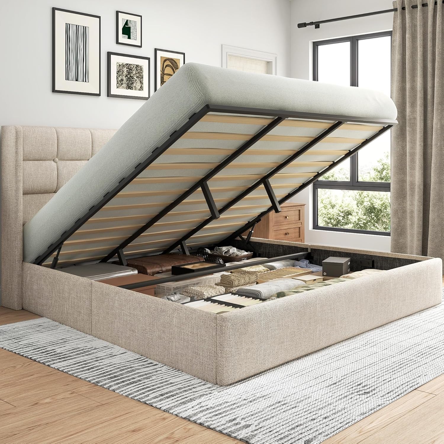 King Size Lift up Storage Bed Frame, Linen Upholstered King Platform with Button Tufted Wingback Headboard and Under-Bed Storage, Hydraulic Support, No Box Spring Needed, Noise Free, Beige