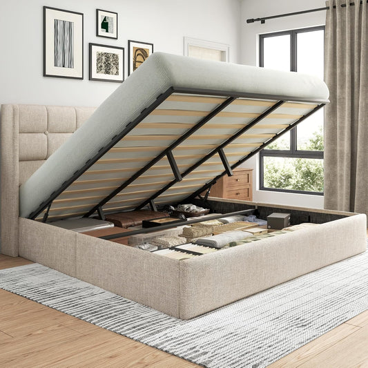 King Size Lift up Storage Bed Frame, Linen Upholstered King Platform with Button Tufted Wingback Headboard and Under-Bed Storage, Hydraulic Support, No Box Spring Needed, Noise Free, Beige