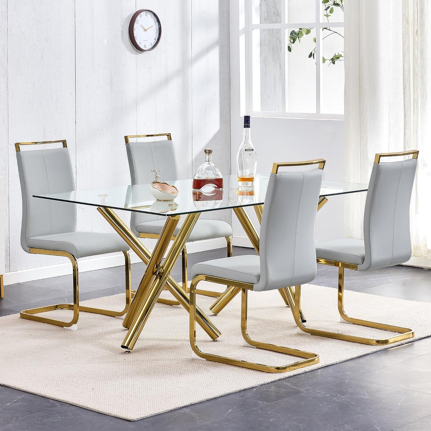 Modern Leather Dining Chairs Set of 4,Armless Kitchen Chairs,Dining Room Chairs with Upholstered Padded Seat and Sturdy Gold Legs for Dining Room,Kitchen (Set of 4, Light Grey-Gold Leg)