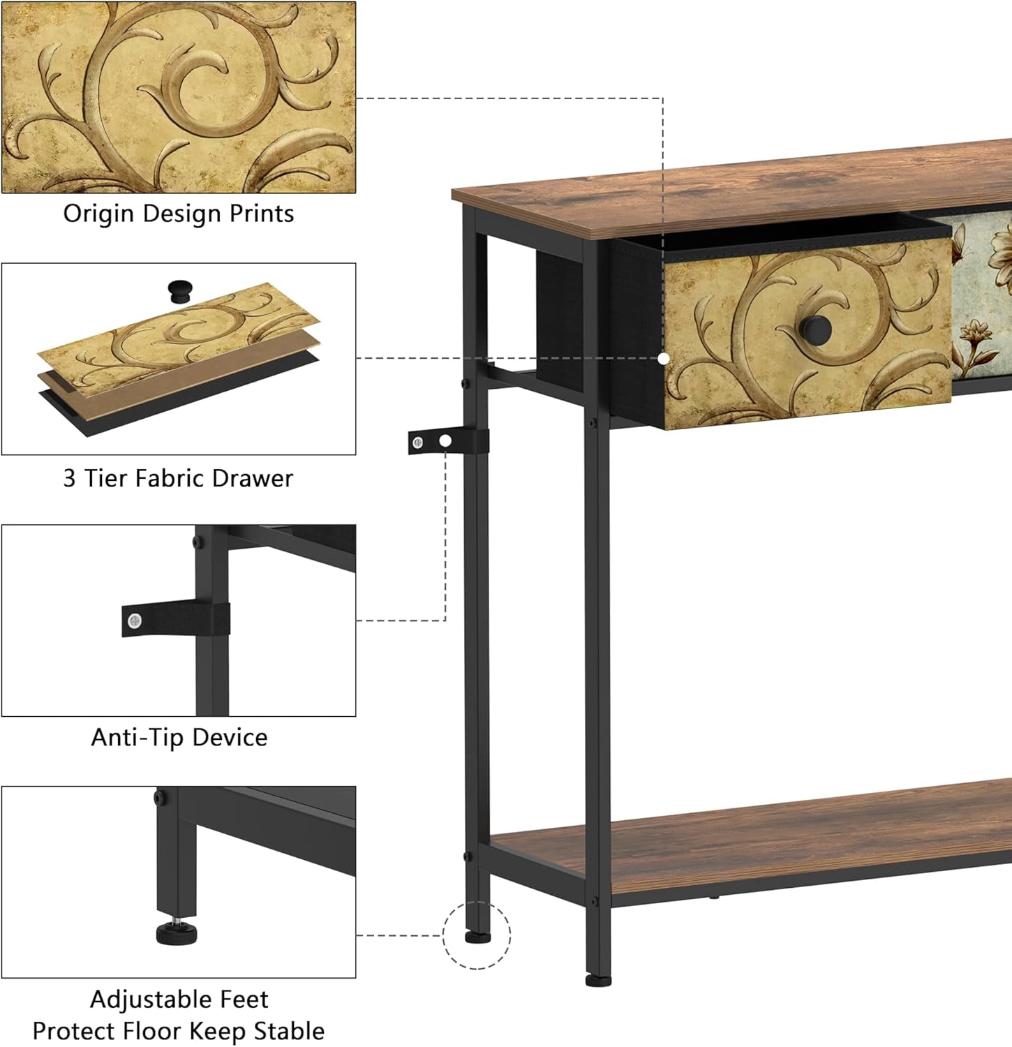 Entryway Console Table with 3 Retro Flowers Fabric Drawers Boho Narrow Long behind Couch Sofa Table with Bottom Open Storage Shelf for Hallway Living Room Foyer (Rustic Brown, 3 Drawers)