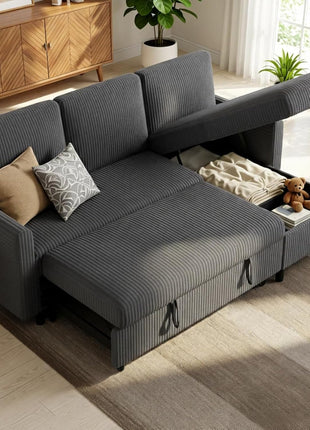 Versatile Grey Sleeper Sofa Bed with Storage Chaise - Elegant L-Shaped 3-Seat Sectional for Compact Living Spaces