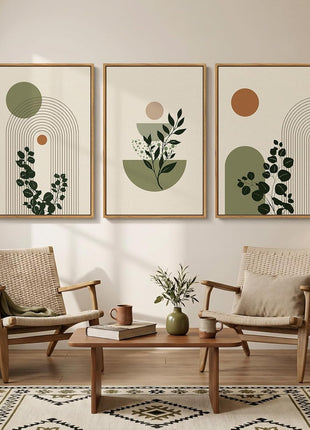 Large 3-Piece Framed Abstract Bohemian Wall Art Set - Minimalist Green and Beige Canvas Prints for Living Room, Botanical Sage Green Plant Artwork for Bedroom and Dining Room, 20x30 Inches