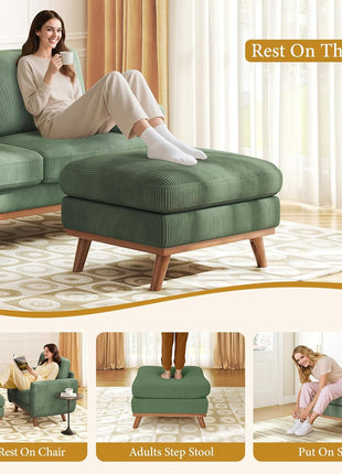 Large Rectangular Corduroy Ottoman with Spring Cushion, 29.5" Pouf Footrest for Living Room and Bedroom, Green Upholstery with Wooden Legs