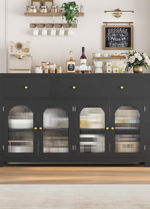 55.1" Farmhouse Buffet Cabinet with Storage Solutions, Featuring 3 Drawers and 4 Doors, Black Wood Sideboard for Kitchen and Coffee Bar