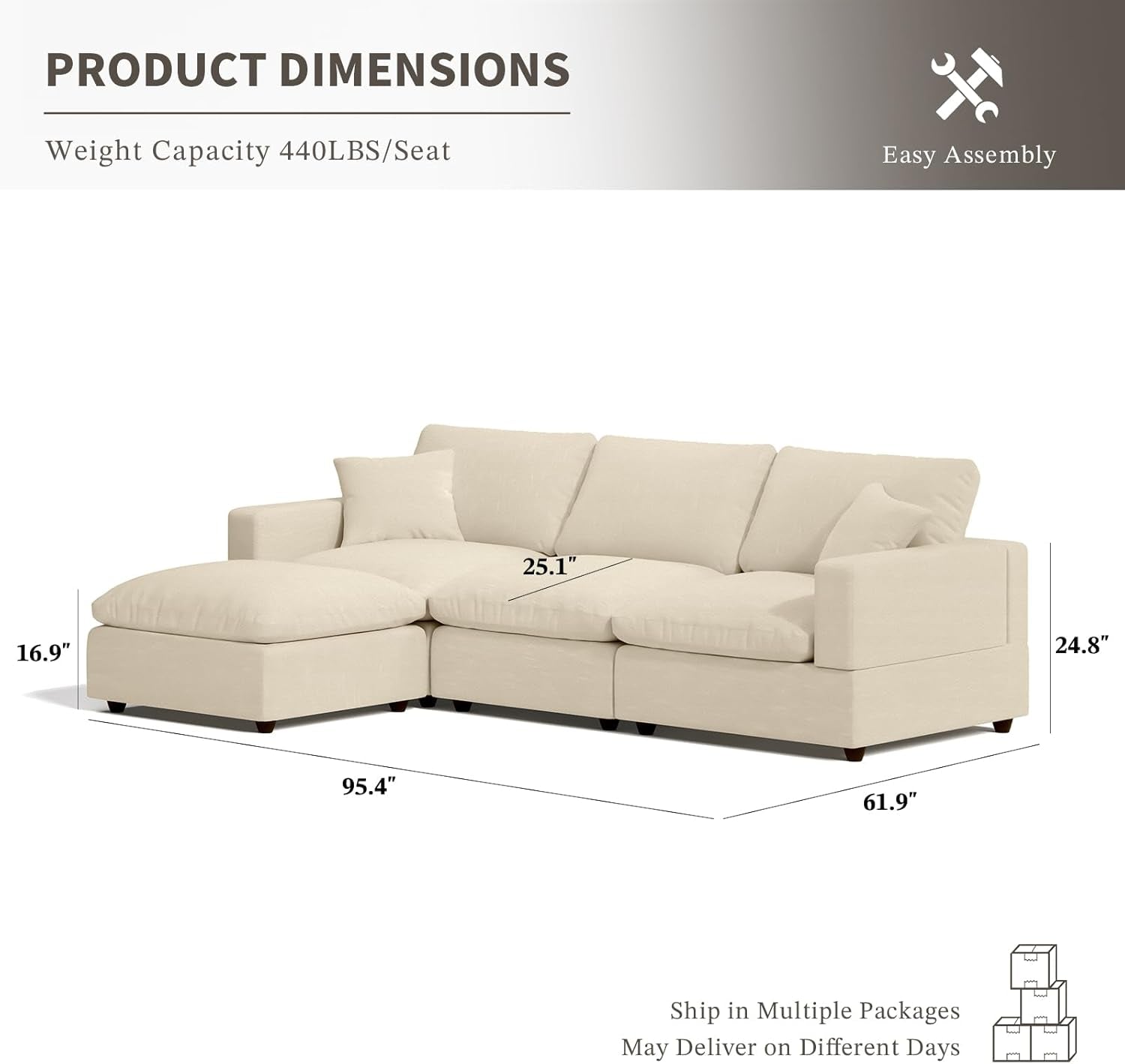 Cloud Couch Modular Sectional Sofa, 95.4" 4-Seater L Shaped Sectional Couches for Living Room, Convertible Cloud Sofa with Ottoman, down Filled Wide & Deep Seat, Removable Washable Cushion Covers
