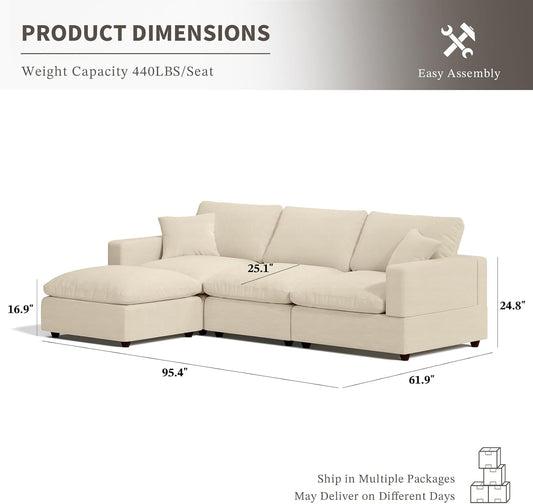 Cloud Couch Modular Sectional Sofa, 95.4" 4-Seater L Shaped Sectional Couches for Living Room, Convertible Cloud Sofa with Ottoman, down Filled Wide & Deep Seat, Removable Washable Cushion Covers
