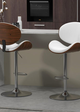Set of 2 Adjustable Modern Swivel Bar Stools with Bentwood Seat and Back in White PU Leather, Perfect for Kitchen Counters and Dining Areas