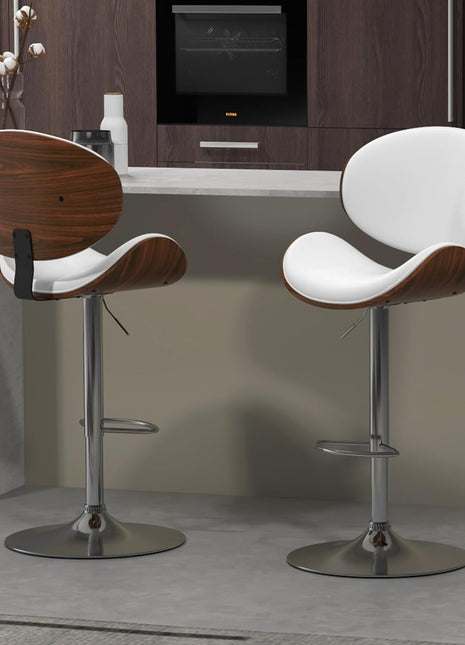 Set of 2 Adjustable Modern Swivel Bar Stools with Bentwood Seat and Back in White PU Leather, Perfect for Kitchen Counters and Dining Areas