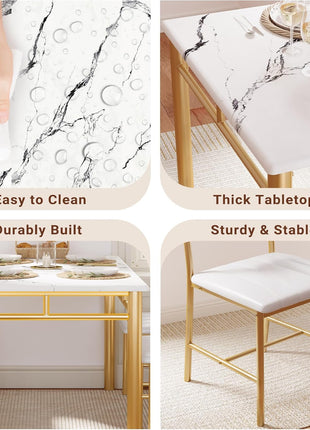 4-Person Wooden Dining Table Set with Upholstered Chairs, Space-Saving Design for Compact Dining Areas, White and Gold Finish