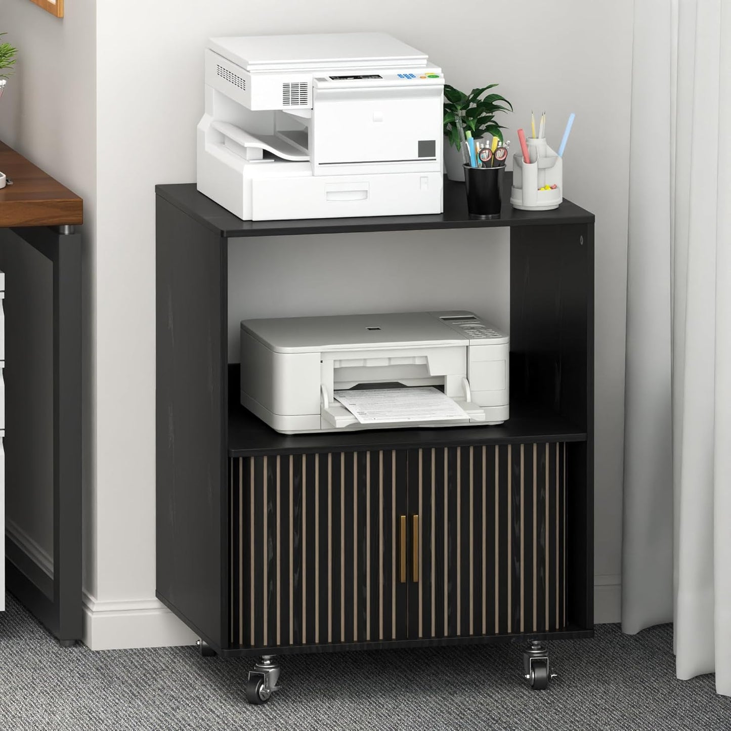 Printer Stand with Storage, File Cabinets with Sliding Doors, Rolling Printer Cart under Desk with Open Storage Shelf for Home Office, Workspace (Black, 23.62" L)