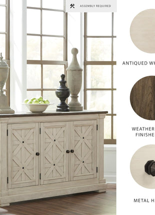 Bolanburg French Country Dining Room Server by Signature Design by Ashley, Featuring 3 Doors and 2 Adjustable Shelves, Wood Construction, Dimensions: 57.88" W x 18.13" D x 36" H, Elegant Two-Tone White and Brown Finish