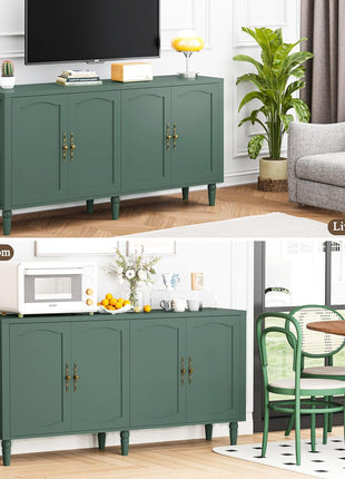 63" Mid-Century Modern Sideboard Buffet Cabinet with Carved Handles and Adjustable Shelves, Ideal for Living Room or Dining Room - Green