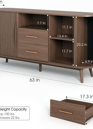 63" Fluted Sideboard Buffet Cabinet in Walnut - Mid-Century Modern Coffee Bar Station with Storage for Dining Room, Wood Accent Storage Cabinet & Credenza with Drawers for Liquor and Wine