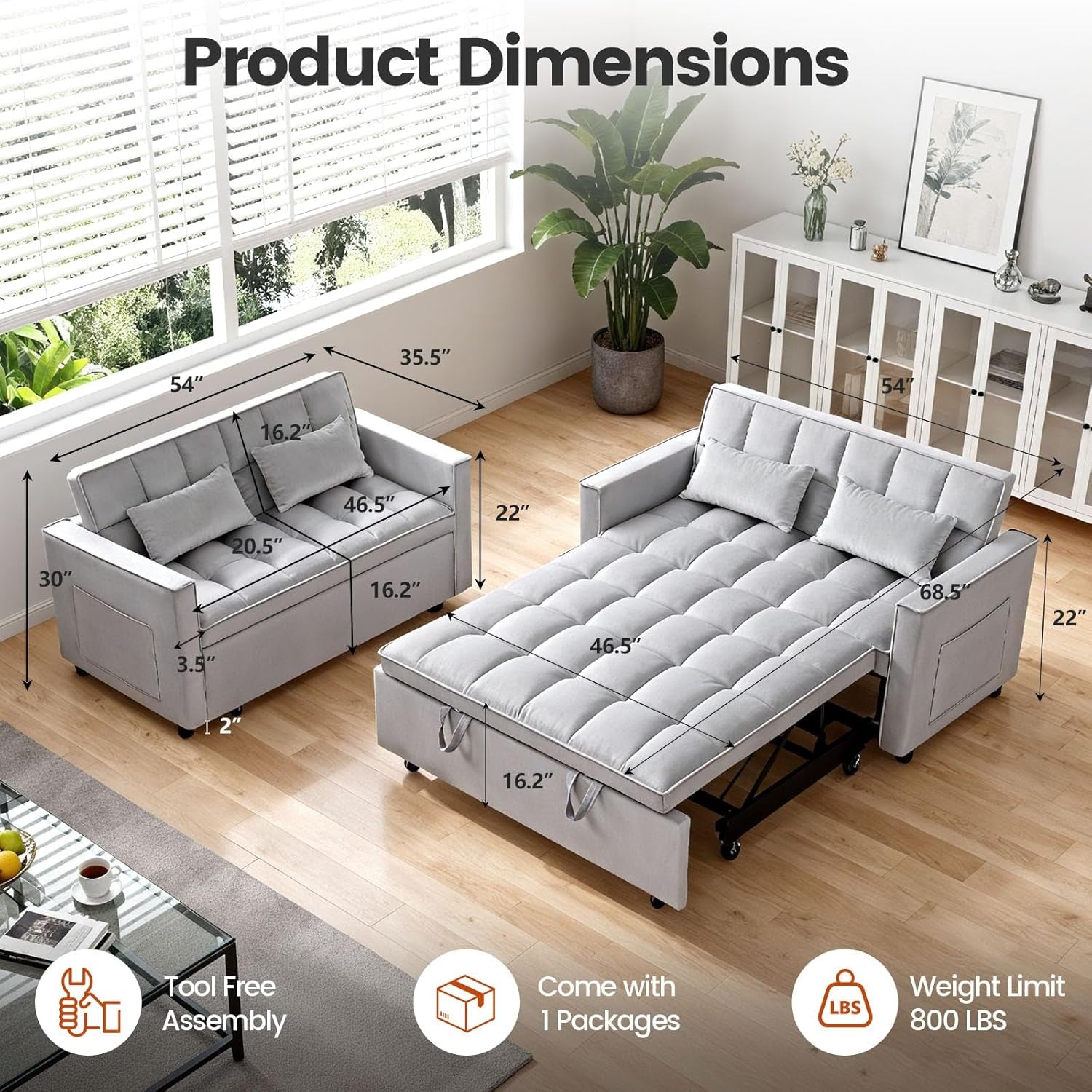 Convertible Sofa Bed, Pull Out Couch with Side Pockets, 3 in 1 Velvet Fabric Loveseat Sleeper Sofa Bed, Pull Out Couch with Adjustable Backrest for Living Room, Bedroom, Apartment, Light Gray