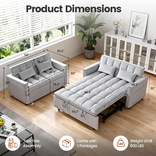 Convertible Sofa Bed, Pull Out Couch with Side Pockets, 3 in 1 Velvet Fabric Loveseat Sleeper Sofa Bed, Pull Out Couch with Adjustable Backrest for Living Room, Bedroom, Apartment, Light Gray