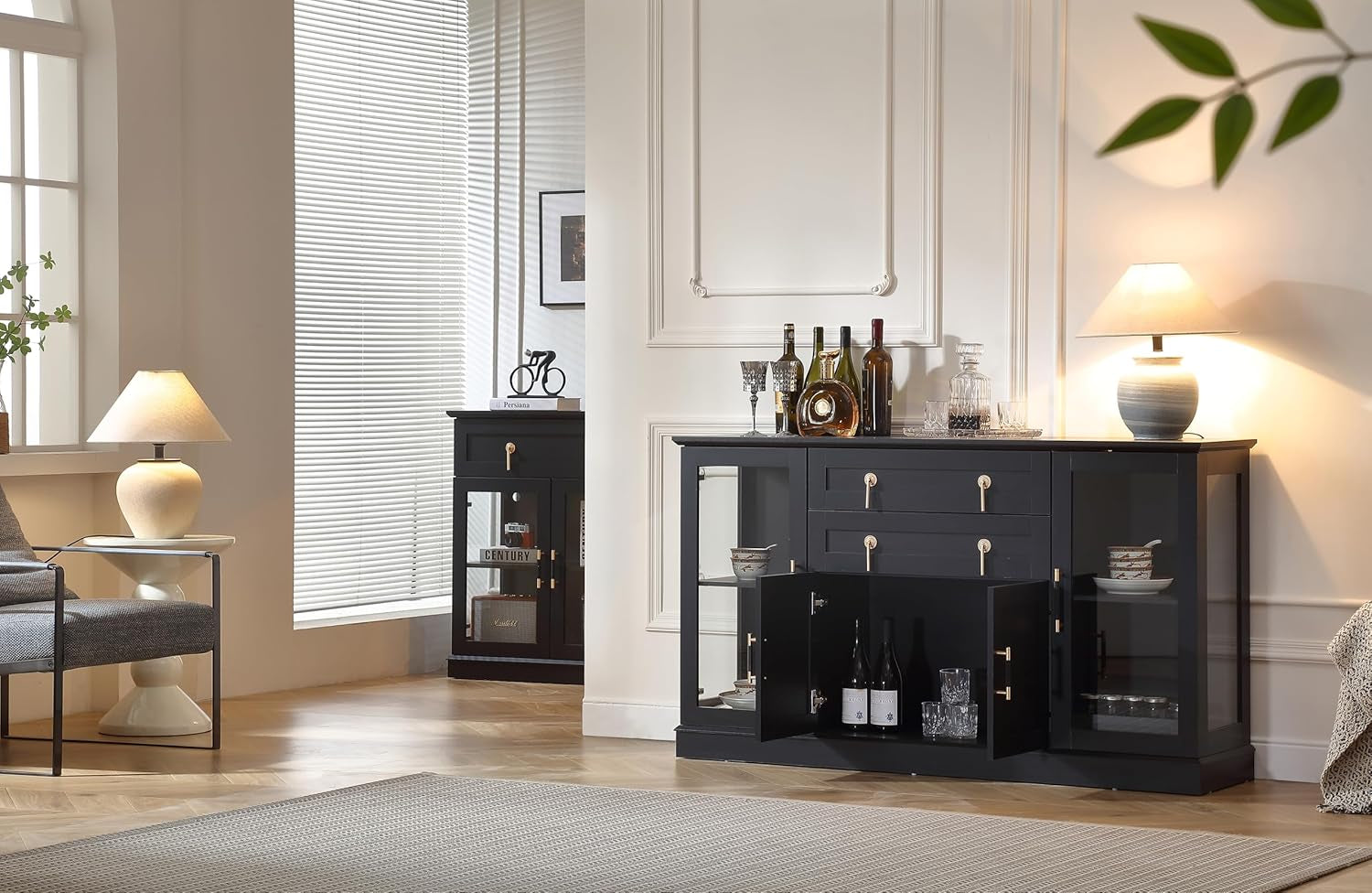 58.2'' Modern Sideboard Buffet Cabinet with Storage, Accent Coffee Bar Cabinet with 2 Glass Doors,Sideboard Credenza with Two Drawers and Adjustable Shelves,Black