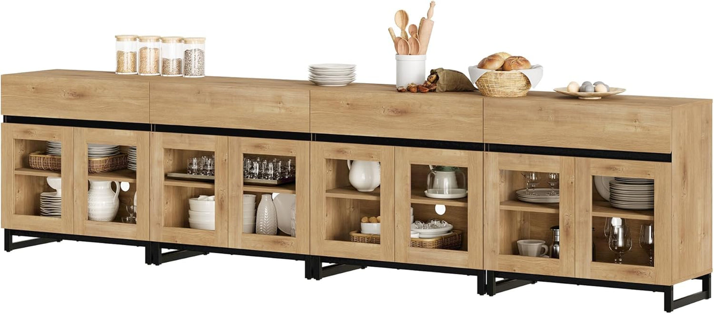 4 in 1 Multifunctional Sideboard Buffet Cabinets with 8 Glass Doors and 4 Drawers, Modern Sideboard Credenza with and Metal Base, Coffee Bar Storage Cabinet for Living Room, Kitchen, Oak