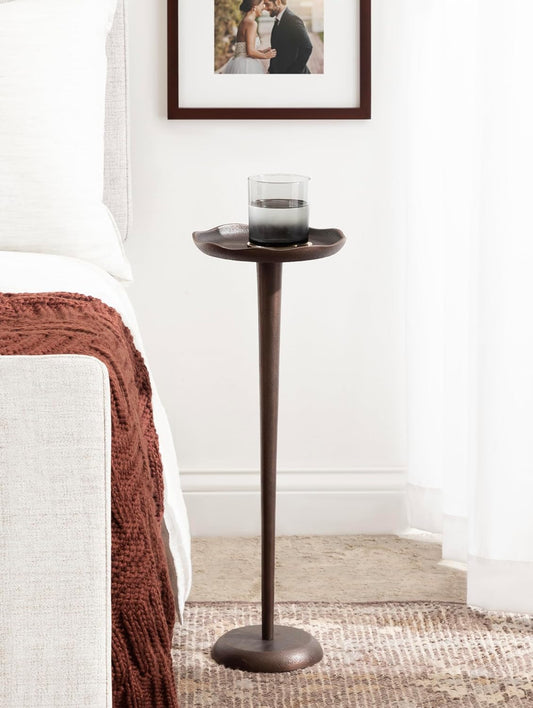 Alessia Modern Decorative Metal Drink Table, 8 X 8 X 22, Bronze, round Cast Aluminum Pedestal Plant Stand with Rough Texture and Deckled Edge