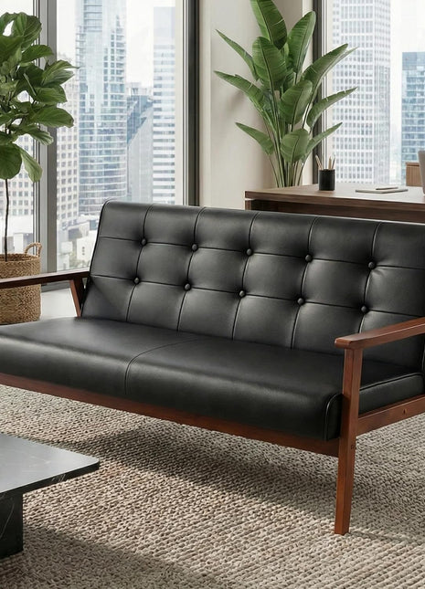 Mid-Century Modern Upholstered Faux Leather Loveseat Sofa with Wood Arms, 2-Seat Couch for Living Room and Outdoor Lounge, 50” Width