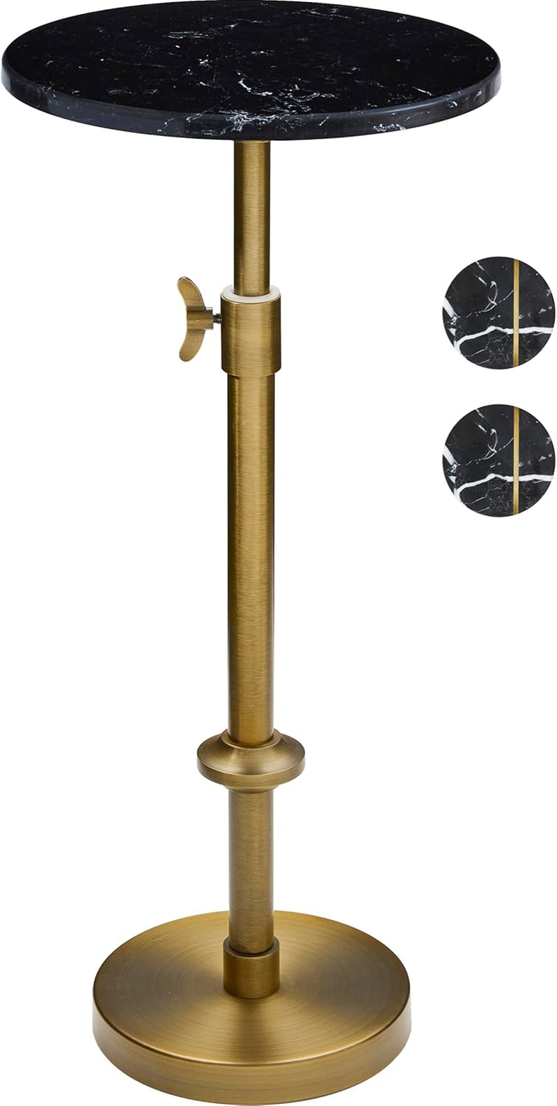 Adjustable-Height Marble Drink Table - 10X10X22-30, Black Marble & Antique Brass, Modern round End Table, Side Table with Pedestal Stand for Small Spaces, Vintage Metal Martini Cocktail Accent