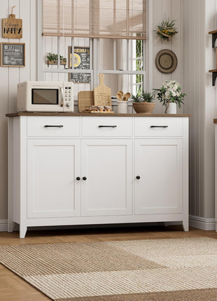 47-Inch Contemporary Farmhouse Buffet Cabinet with Storage Solutions, Adjustable Shelves, and Drawers for Dining Room, Kitchen, and Entryway - White Wood Sideboard
