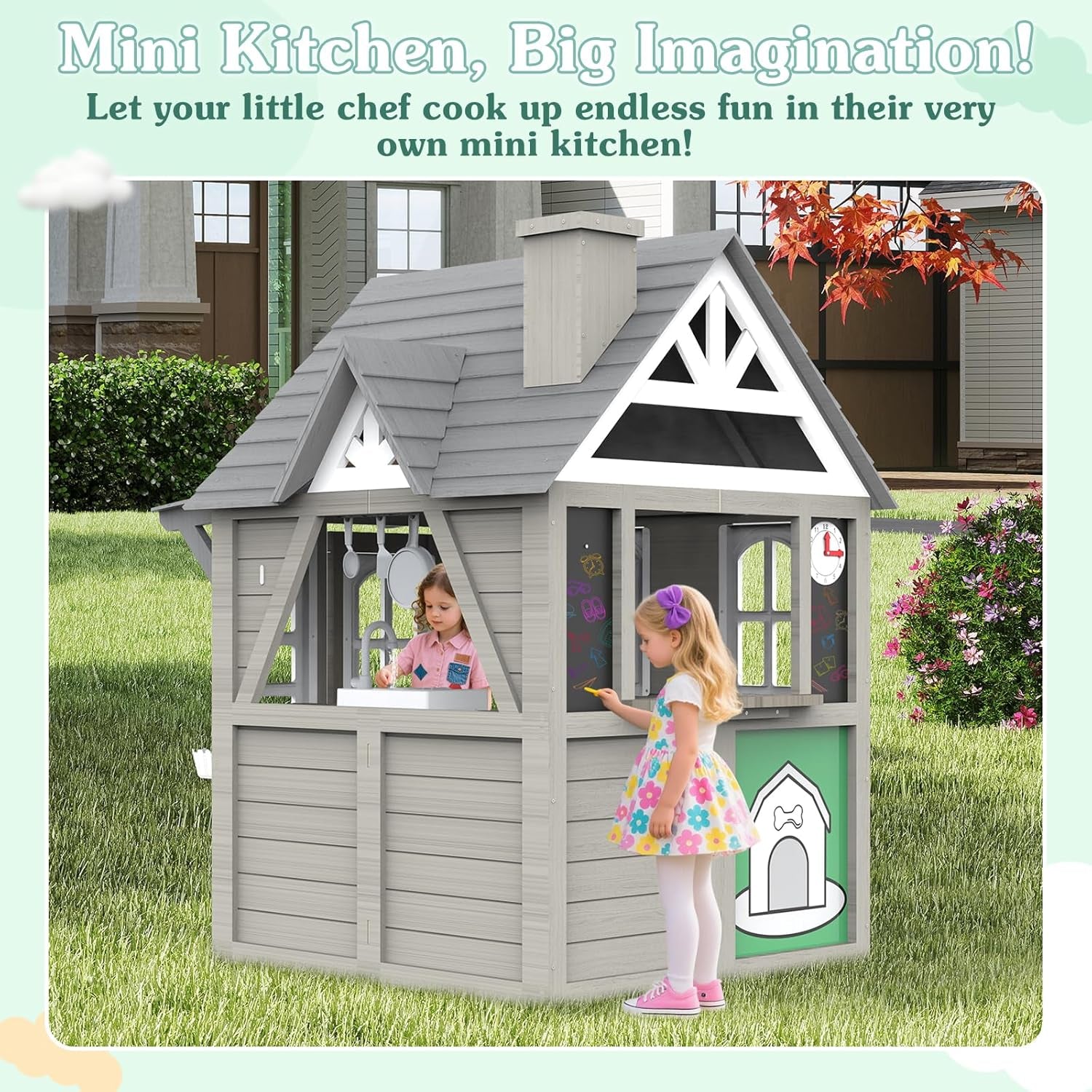 Kids Outdoor Cedar Playhouse, Weather-Resistant Gray Wooden Play House for Ages 3–8 with Play Kitchen, Working Doorbell, Toy Phone & Flowerpots — Durable Backyard Gift for Creative & Social Play