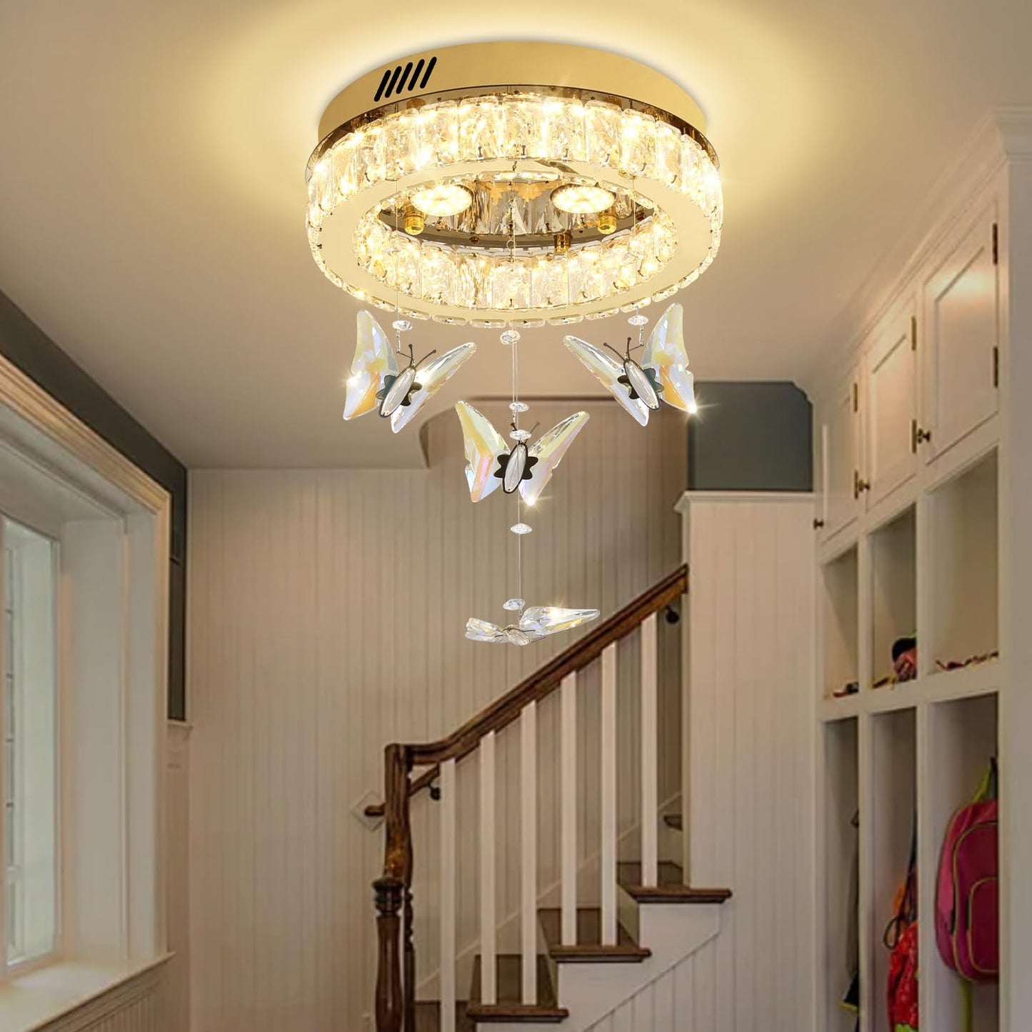 Butterfly Chandelier Gold 12In Modern Crystal Raindrop Chandelier Lighting Flush Mount Ceiling Chandeliers for Living Room 3XGU10