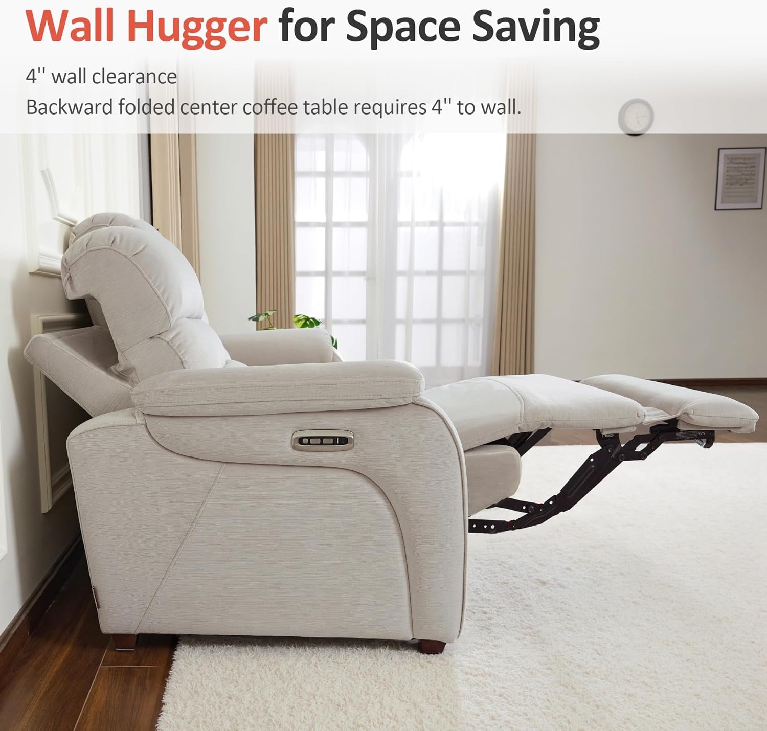 87.2'' Wall Hugger Power Recliner Sofa with Drop down Table, Reclining Sofa with Adjustable Headrest, USB Charge Ports, Reading Lamp, for Living Room, Rvs, Fabric, ST258M3 (3-Seater, Beige)