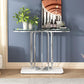 43" Modern Glass Console Table with Curved Chrome Frame & Faux Marble Base, Silver Narrow Sofa Table for Entryway, Living Room, Hallway, Home Office