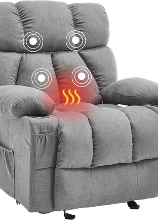 Ergonomic Massage Rocker Recliner Chair with Heat and Vibration - Overstuffed Lounge Chair for Living Room with 4 Side Pockets and 2 Cup Holders in Grey