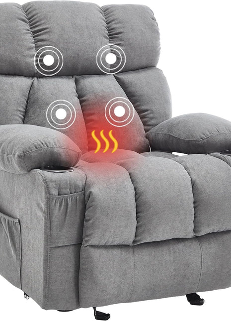 Ergonomic Massage Rocker Recliner Chair with Heat and Vibration - Overstuffed Lounge Chair for Living Room with 4 Side Pockets and 2 Cup Holders in Grey