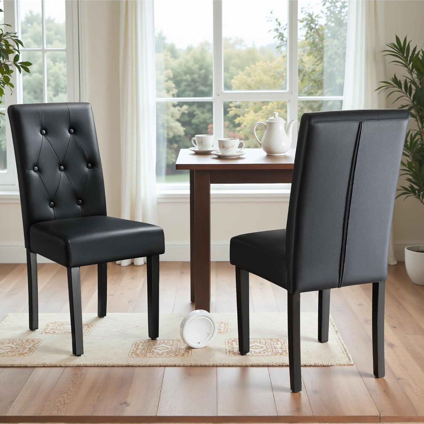 Upholstered Dining Chairs Set of 2, PU Leather Dinning Room Chairs, Button Tufted Kitchen Chairs with Adjustable Wood Legs for Dining Room/Living Room/Restaurant (Leather Black, 2)