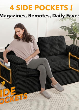 60-Inch Modern Boneless Loveseat Sofa with Removable Corduroy Cover and Armrests, Ideal for Small Spaces, Black