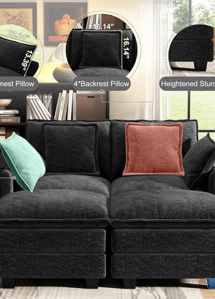 58-Inch Modular Sectional Loveseat with Deep Seating, Removable Washable Pillows, and Ottomans - Perfect for Living Room, Bedroom, or Apartment in Black