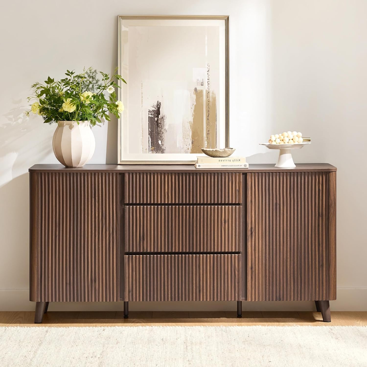 62" Sideboard Buffet Cabinet with Storage, Living Room Accent Cabinet with Drawers, Doors and Adjustable Shelves, for Bar, Kitchen, Walnut