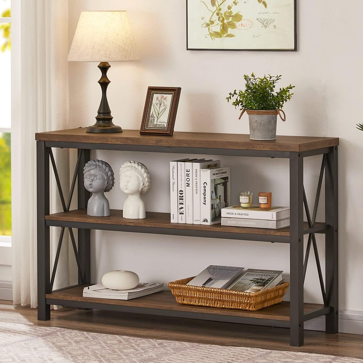 Rustic Console Table behind Couch, Industrial Entryway Table with Shelves, Farmhouse 3 Tier Sofa Tables for Living Room, Entry, Hallway (47 Inch, Rustic Oak)
