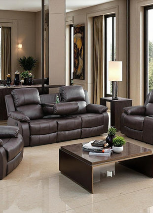 Three-Piece Manual Reclining Sofa Set with Drop-Down Table and Storage Console in Brown Leather for Living Room or Apartment